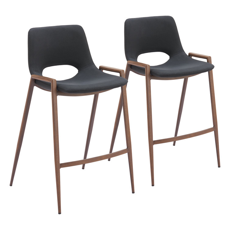 Black Leather and Walnut Wood Counter Stools, Set of 2