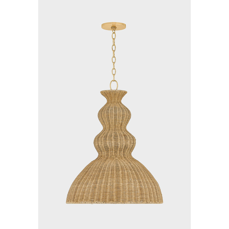 Aged Brass Indoor/Outdoor Pendant with Natural Wicker Shade