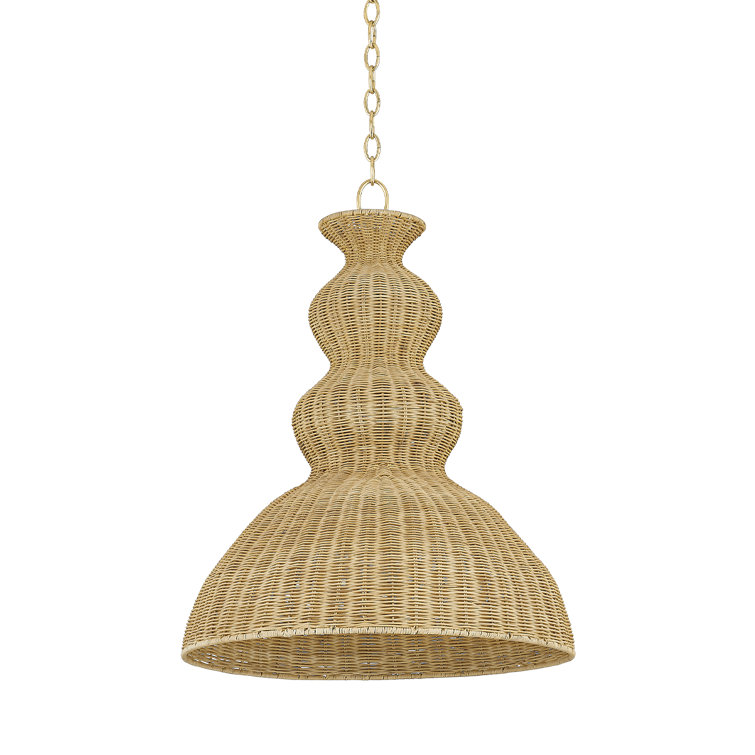 Aged Brass Indoor/Outdoor Pendant with Natural Wicker Shade