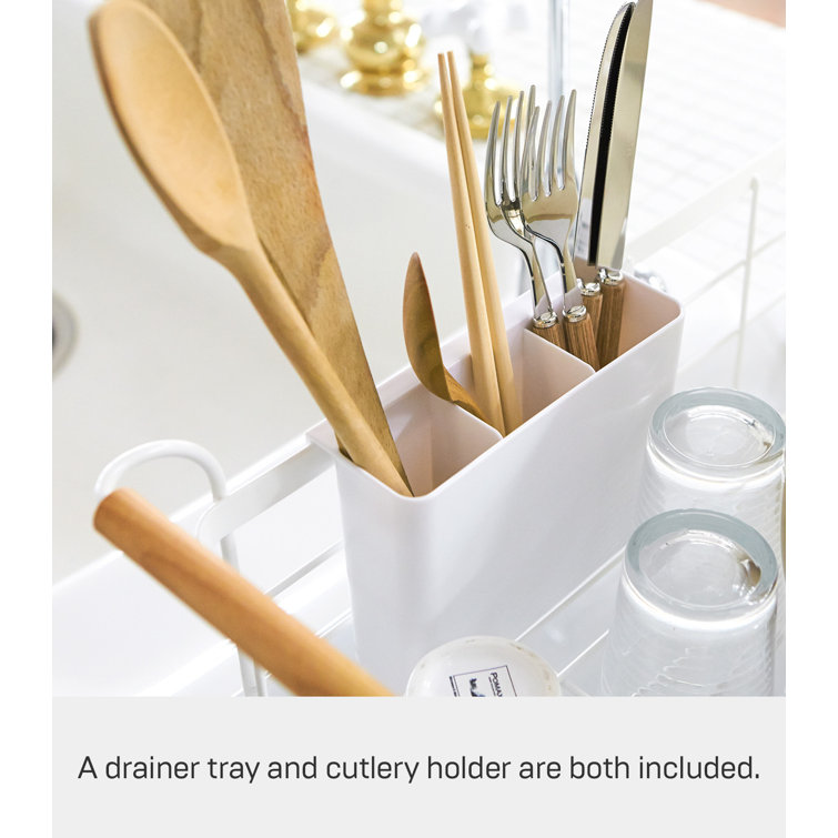 Tosca 13'' White Steel Dish Drainer Rack with Wood-Accent Handles