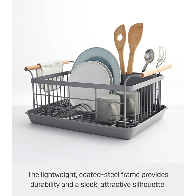 Gray Steel Dish Drainer Rack with Wood Handles and Utensil Cup