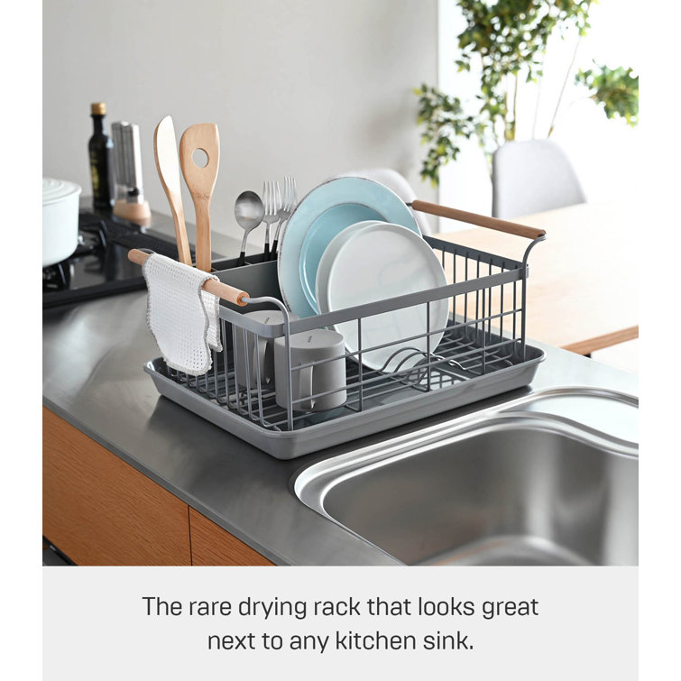 Gray Steel Dish Drainer Rack with Wood Handles and Utensil Cup