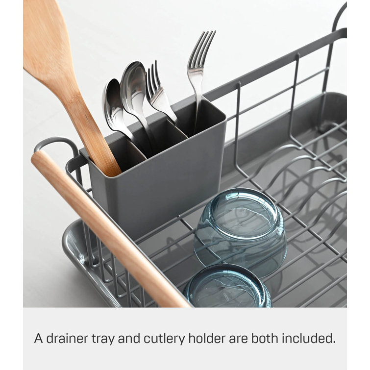 Gray Steel Dish Drainer Rack with Wood Handles and Utensil Cup