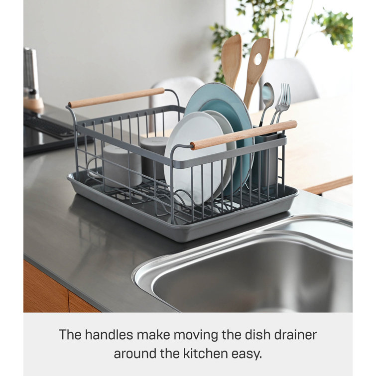 Gray Steel Dish Drainer Rack with Wood Handles and Utensil Cup