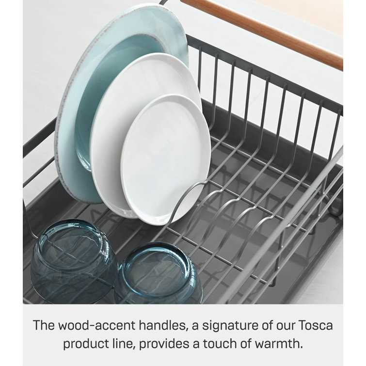 Gray Steel Dish Drainer Rack with Wood Handles and Utensil Cup