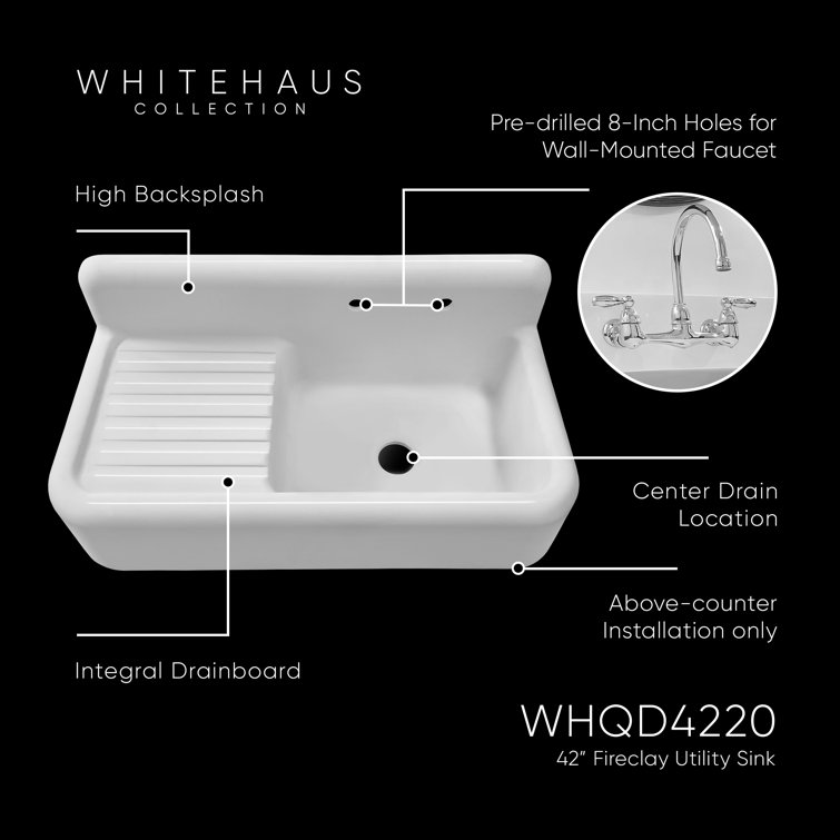 White Fireclay Farmhouse Sink with Drainboard and High Backsplash
