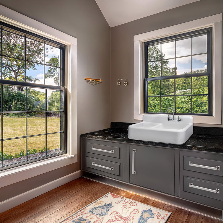 White Fireclay Farmhouse Sink with Drainboard and High Backsplash