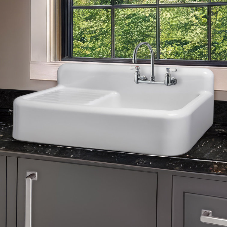 White Fireclay Farmhouse Sink with Drainboard and High Backsplash