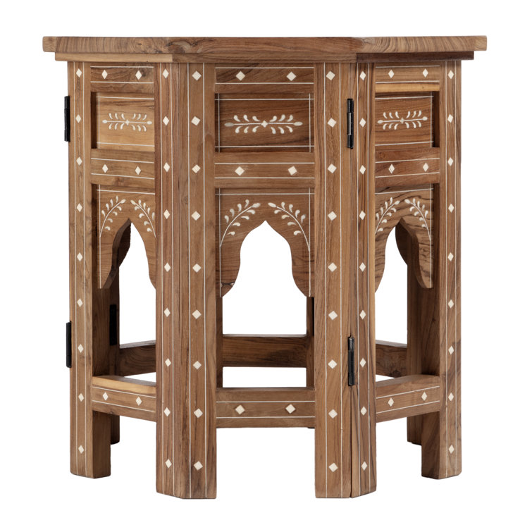 Round Medium Brown Wood and Bone Inlay Accent Table