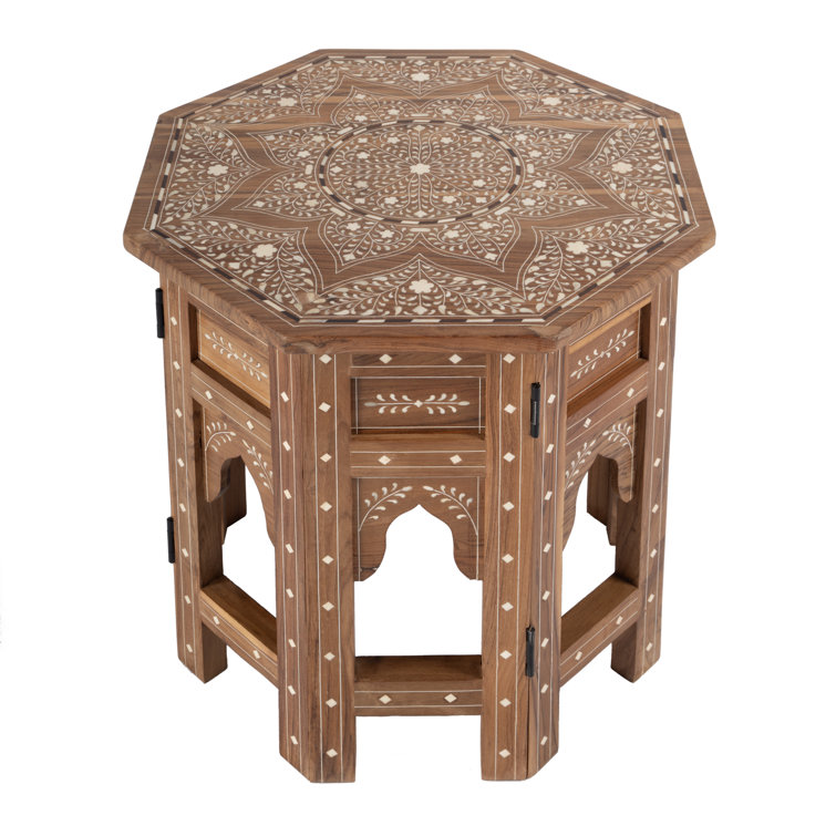 Round Medium Brown Wood and Bone Inlay Accent Table