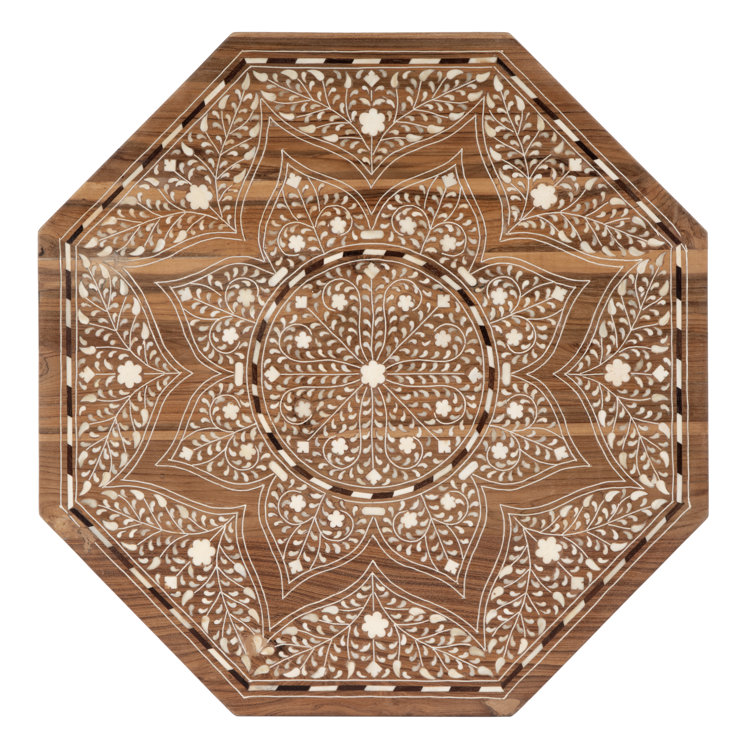 Round Medium Brown Wood and Bone Inlay Accent Table