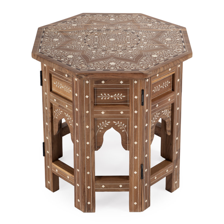 Round Medium Brown Wood and Bone Inlay Accent Table