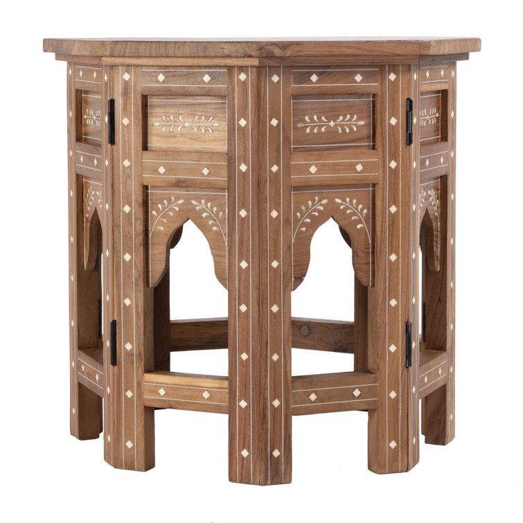 Round Medium Brown Wood and Bone Inlay Accent Table