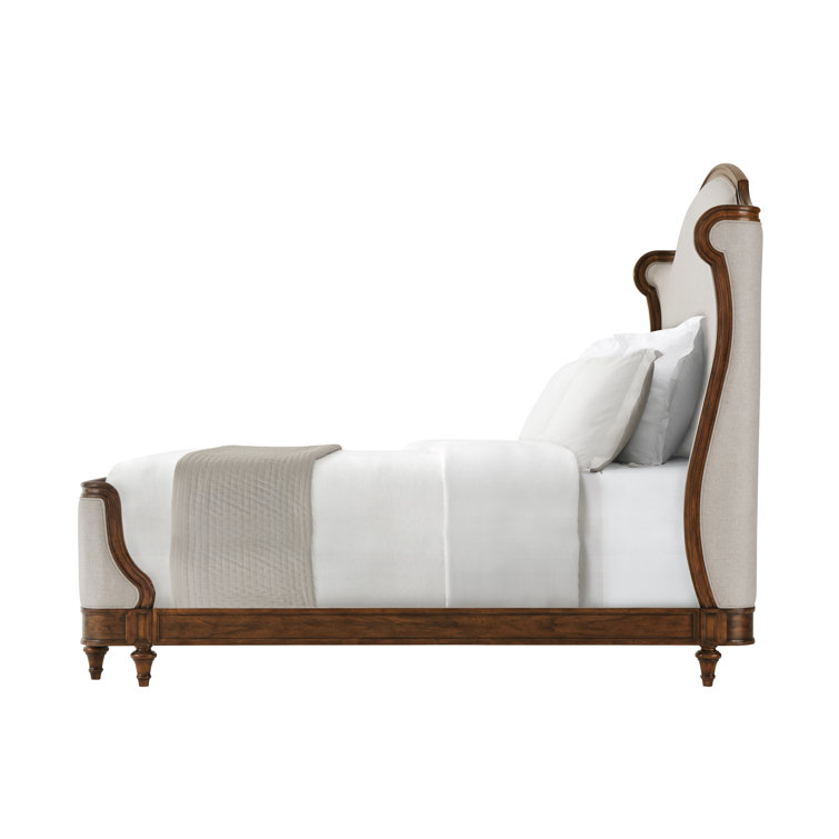 Beige & Brown Beech Oak King Platform Bed with Upholstered Headboard