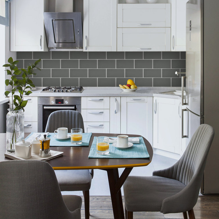 Dark Gray Polished Glass Peel and Stick Subway Tile