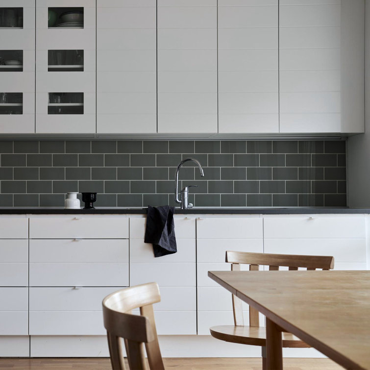 Dark Gray Polished Glass Peel and Stick Subway Tile