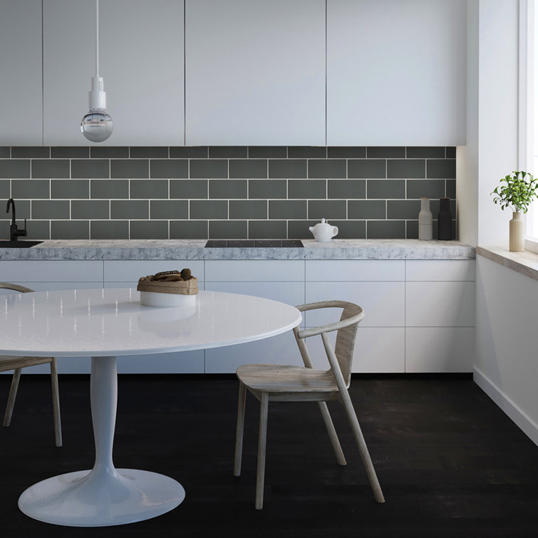 Dark Gray Polished Glass Peel and Stick Subway Tile