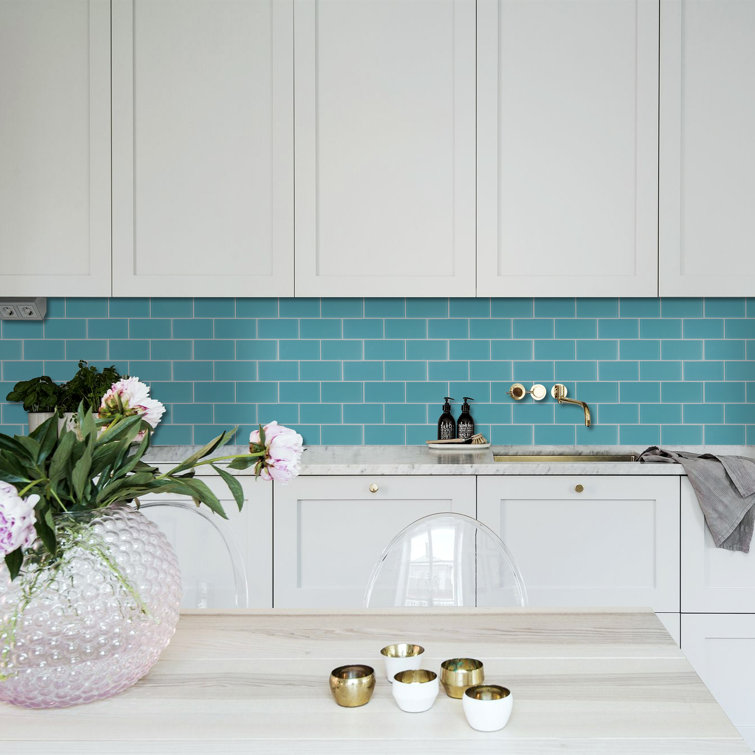 Aqua Blue 3'' x 6'' Glass Peel and Stick Subway Tile