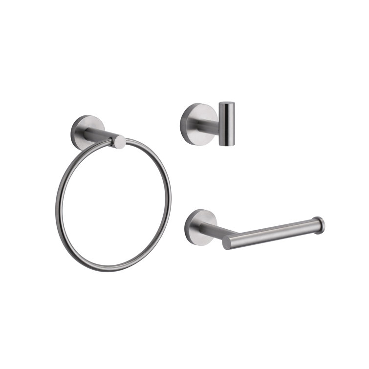 Brushed Nickel 3-Piece Bathroom Hardware Set with Towel Ring, Hook, and Holder