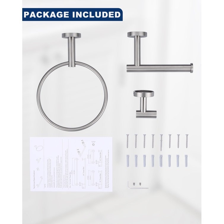 Brushed Nickel 3-Piece Bathroom Hardware Set with Towel Ring, Hook, and Holder