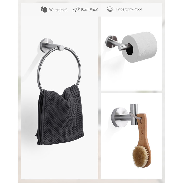 Brushed Nickel 3-Piece Bathroom Hardware Set with Towel Ring, Hook, and Holder
