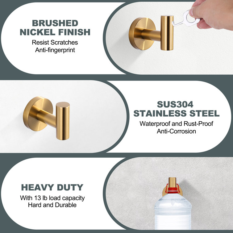 Brushed Gold Stainless Steel Wall Mounted J-Hook Set