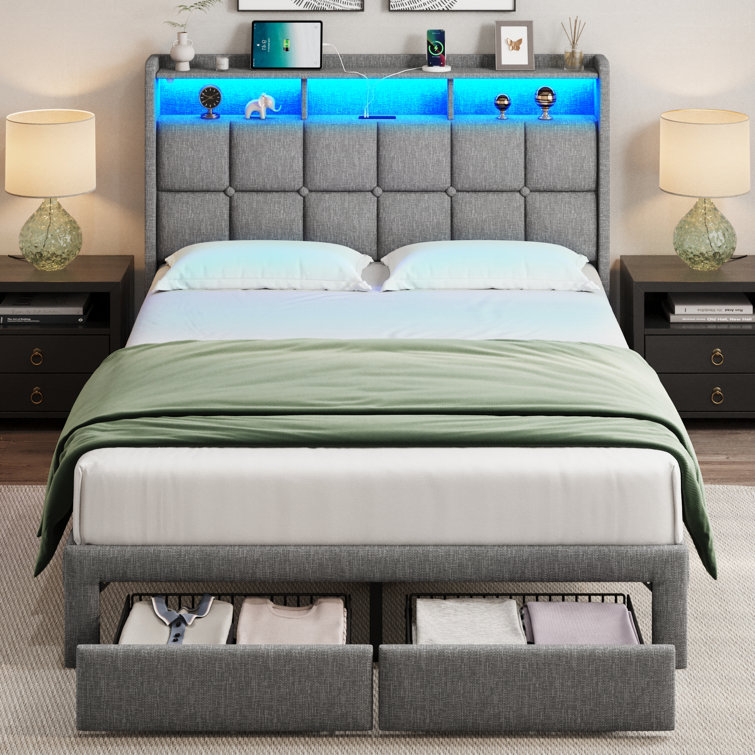 Light Gray Queen Upholstered Bed Frame with LED and Storage Drawers