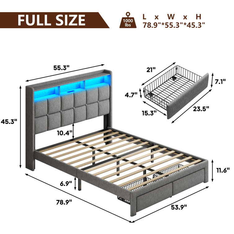 Light Gray Queen Upholstered Bed Frame with LED and Storage Drawers