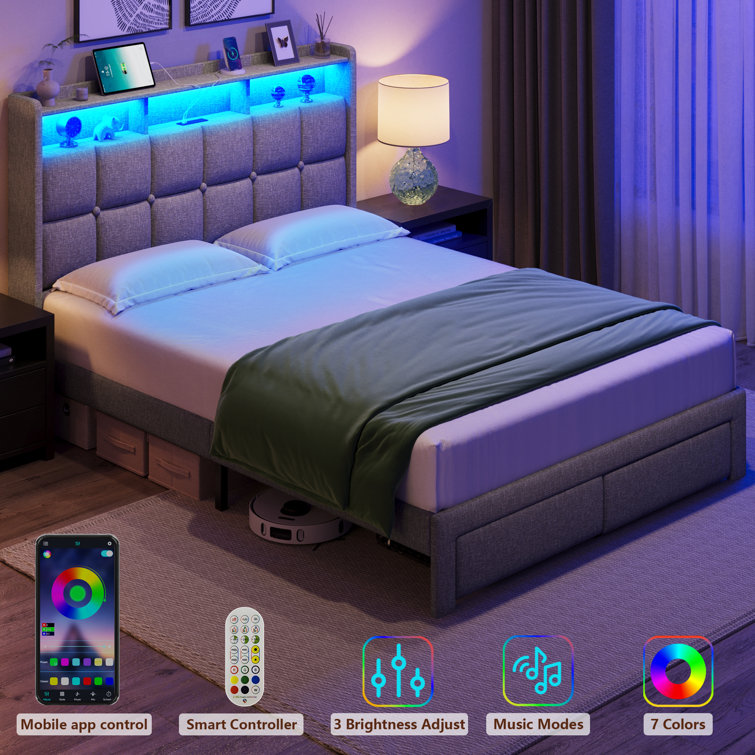 Light Gray Queen Upholstered Bed Frame with LED and Storage Drawers