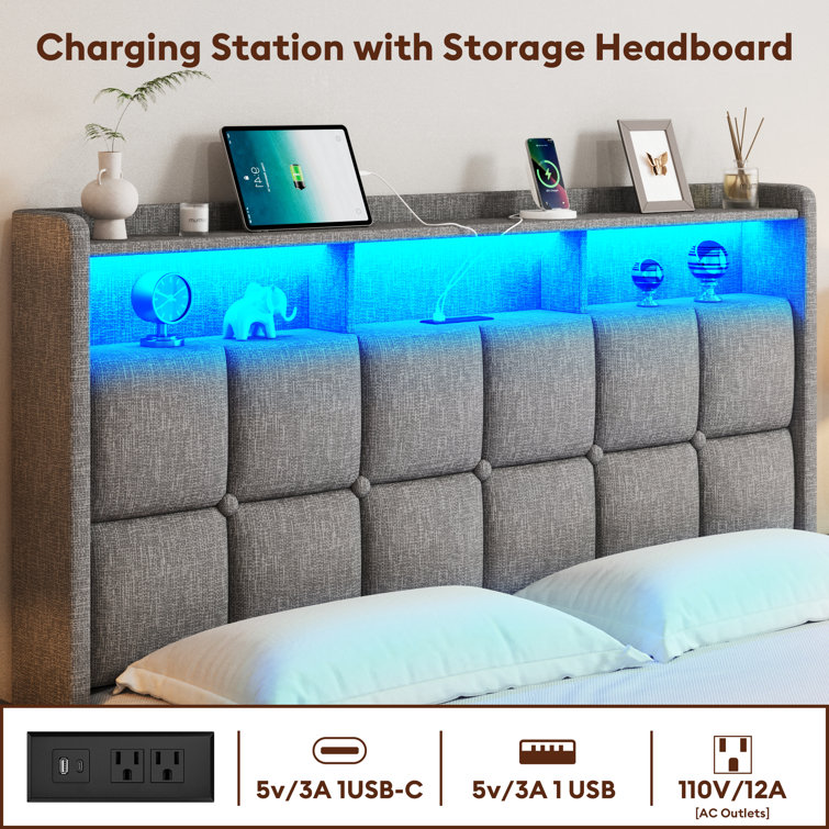 Light Gray Queen Upholstered Bed Frame with LED and Storage Drawers
