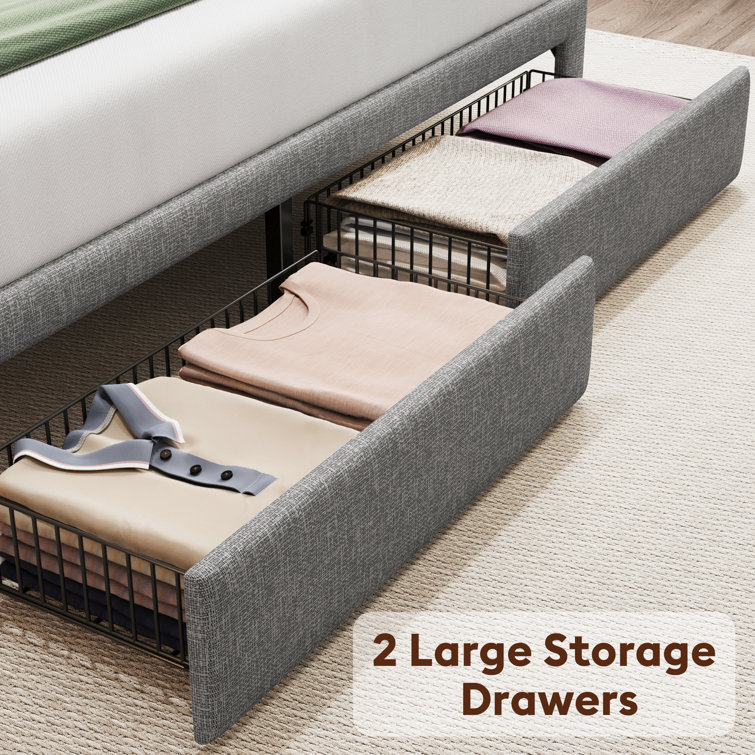 Light Gray Queen Upholstered Bed Frame with LED and Storage Drawers