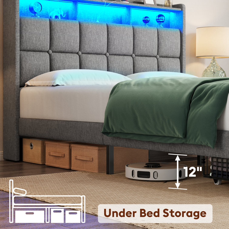 Light Gray Queen Upholstered Bed Frame with LED and Storage Drawers