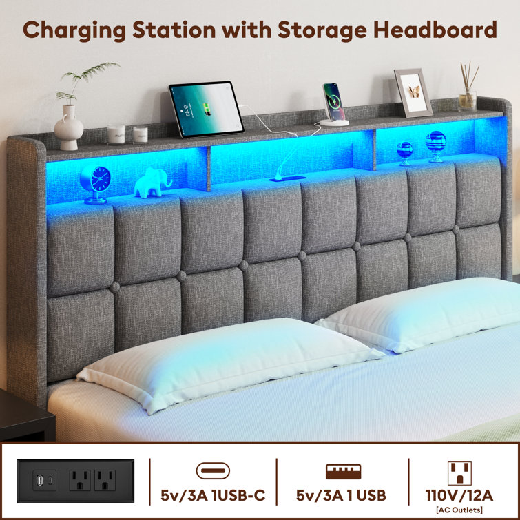 King Light Gray Upholstered Bed Frame with LED and Storage Drawers