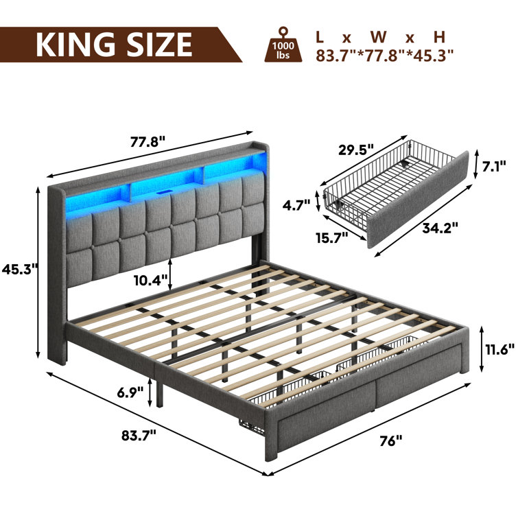 King Light Gray Upholstered Bed Frame with LED and Storage Drawers