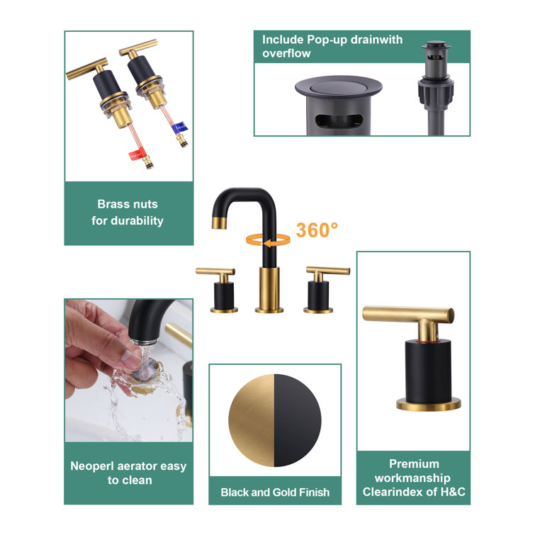 Matte Black and Brushed Gold 8-Inch Widespread Double Handle Bathroom Faucet