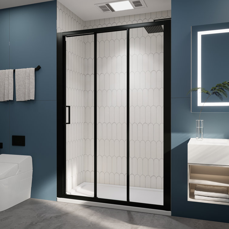 54" Matte Black Semi-Frameless Sliding Shower Door with Clear Glass