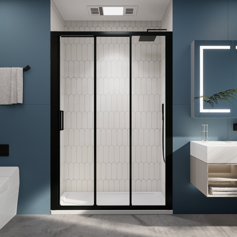 54" Matte Black Semi-Frameless Sliding Shower Door with Clear Glass