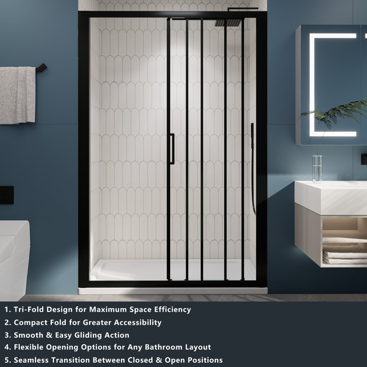54" Matte Black Semi-Frameless Sliding Shower Door with Clear Glass
