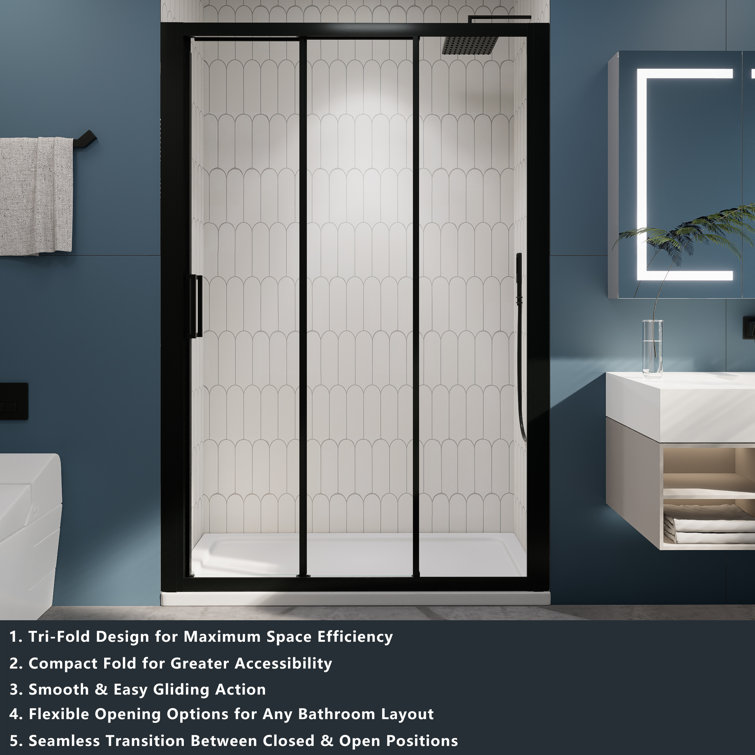 54" Matte Black Semi-Frameless Sliding Shower Door with Clear Glass