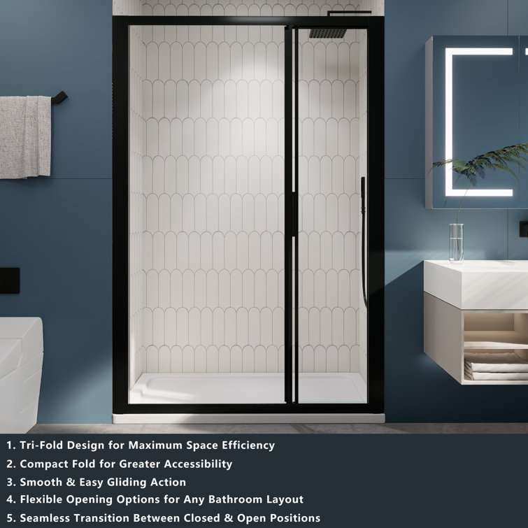 54" Matte Black Semi-Frameless Sliding Shower Door with Clear Glass
