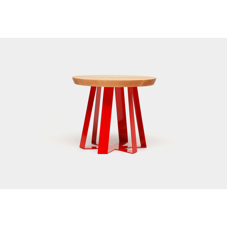ARS Round Oak Wood Top with Red Metal Base End Table