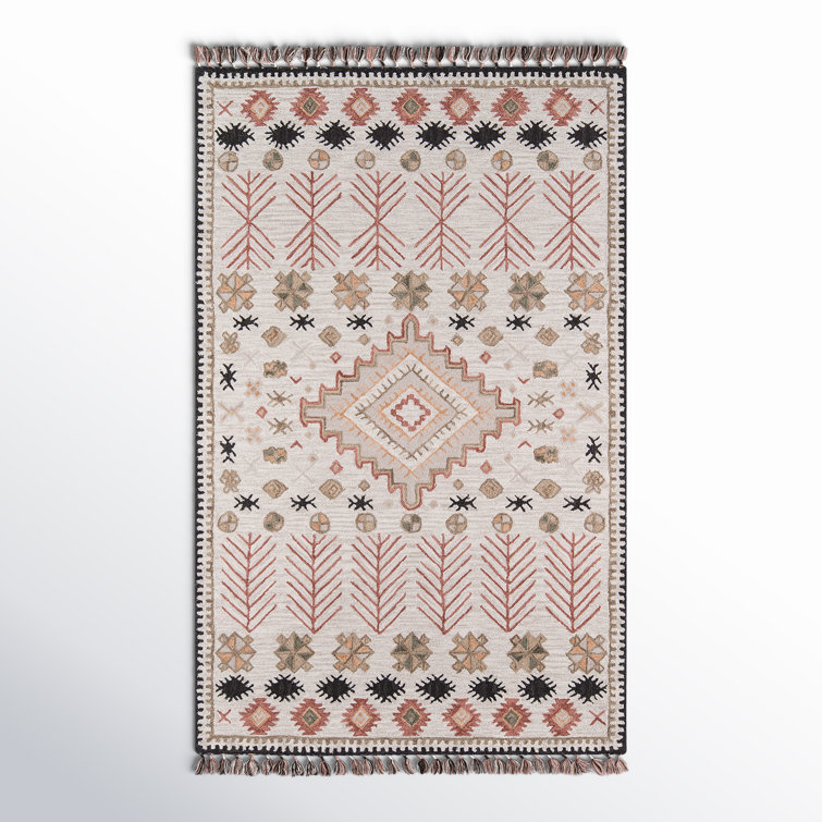 Handmade Red and Beige Wool Geometric 5' x 8' Rug