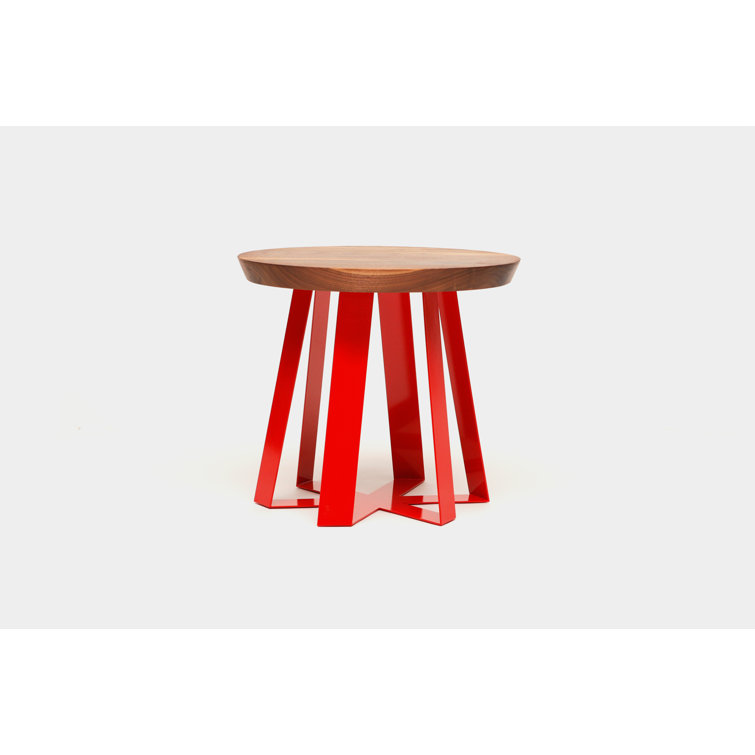 Walnut and Red Metal Round Pedestal End Table