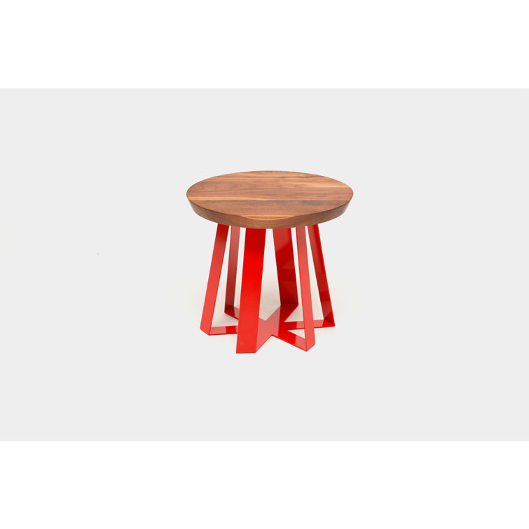 Walnut and Red Metal Round Pedestal End Table