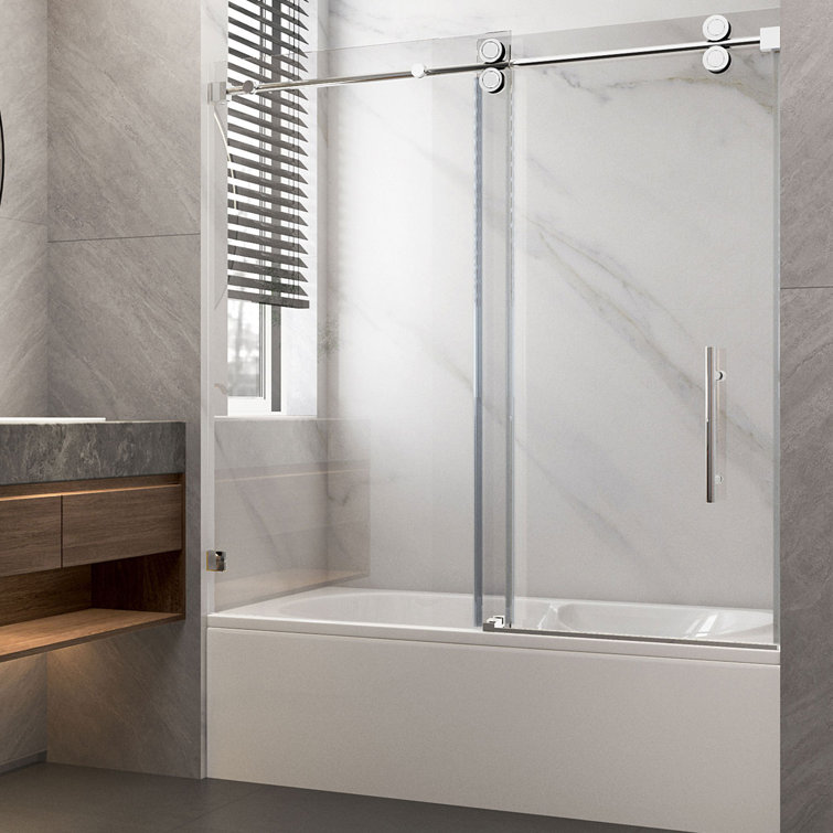 Brushed Nickel Frameless Sliding Shower Door with Clear Tempered Glass