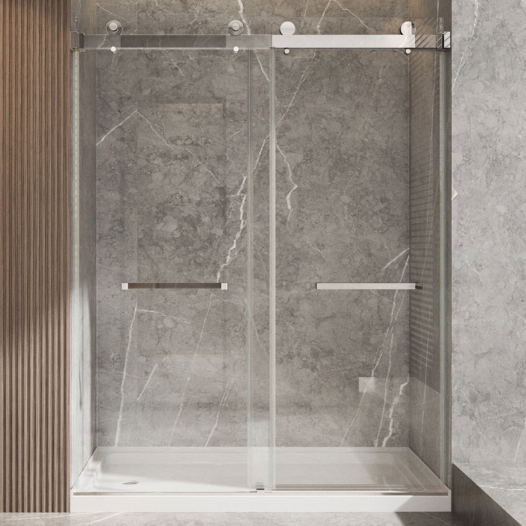 Brushed Nickel Frameless Sliding Shower Door with Clear Tempered Glass