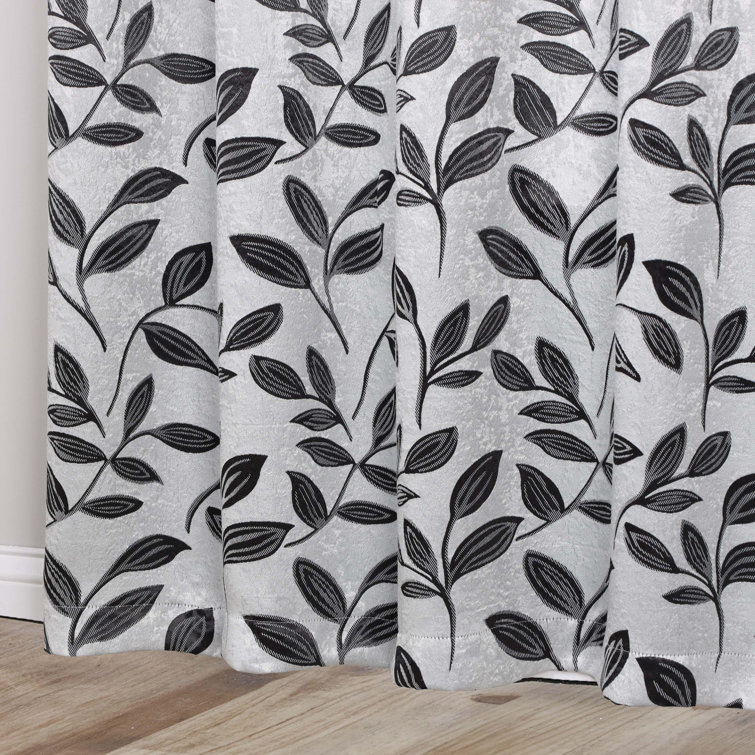 Silver and Black Leaf Pattern Room Darkening Curtains, 26" x 63"