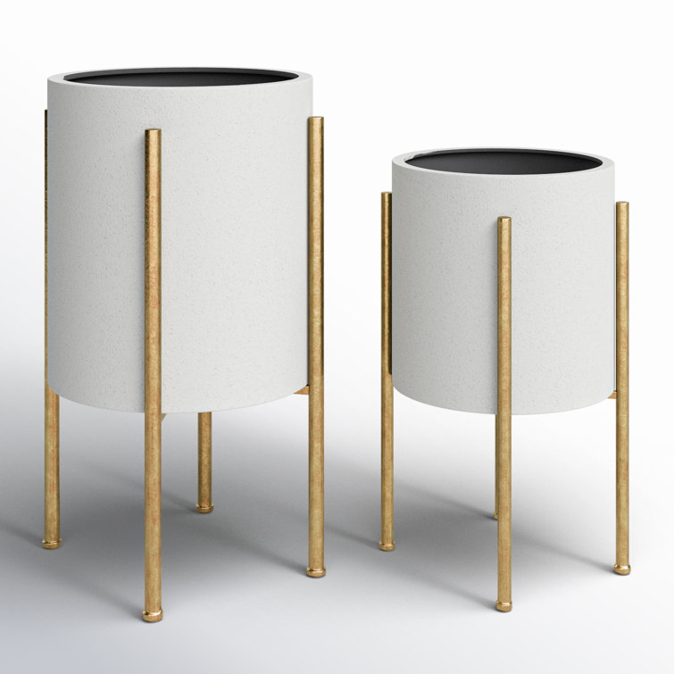 Mid-Century Gray Stucco Indoor/Outdoor Planter Set on Gold Stand
