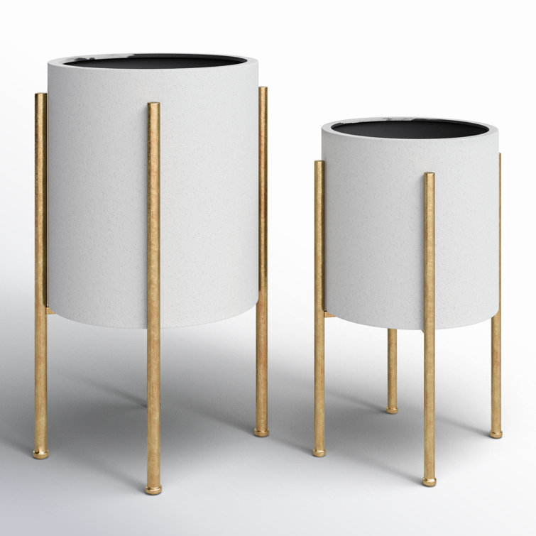 Mid-Century Gray Stucco Indoor/Outdoor Planter Set on Gold Stand