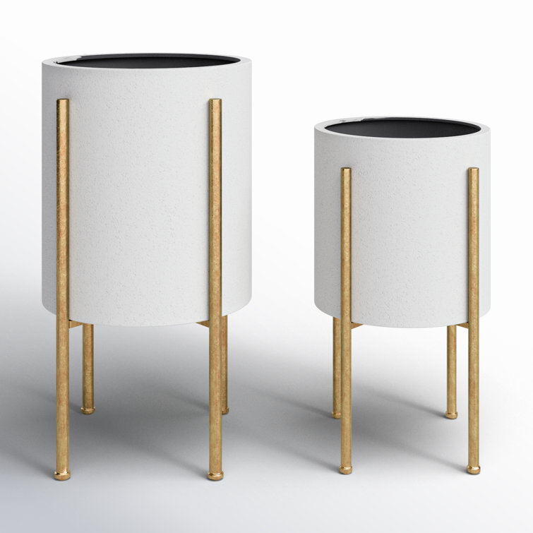 Mid-Century Gray Stucco Indoor/Outdoor Planter Set on Gold Stand